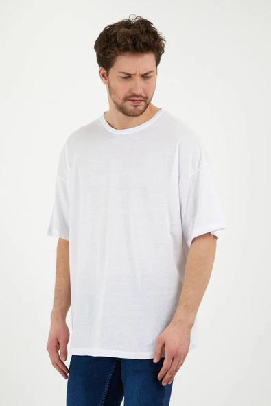JAKARLI Unisex Pamuklu Bisiklet Yaka Beyaz Oversize T-shirt - Resim 8
