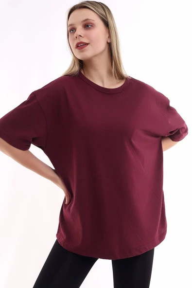 JAKARLI Unisex Pamuk Bisiklet Yaka Bordo Boyfriend Örme Oversize T-shirt - Resim 3