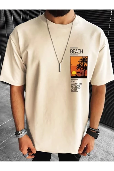 ülüteks collection UNİSEX KADIN/ERKEK SUMMER BEACH GÖĞÜS BASKILI OVERSİZE T-SHİRT - Resim 5