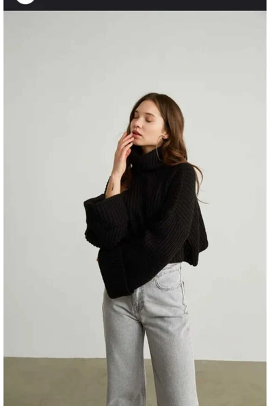 Stories Dier Moda Kadın Gri Balıkçı Yaka Crop Triko Kazak - Resim 6