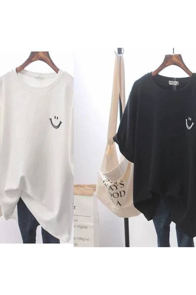 BE QUEEN Büyük Beden Özel Üretim Smile Baskılı %100 Pamuk Oversize Yeni Trend Kadın T-shırt - Resim 3