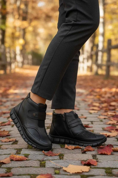 Ayakmod Siyah Hakiki Deri İçi Polarlı Cırtlı Fermuarlı Kaymaz Kadın Bot 3609 Z - Resim 3