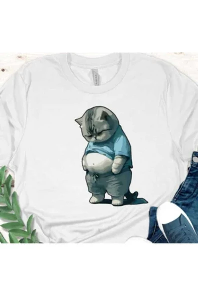 KOZİA OUTDOORS Şişman Kedi Baskılı Kadın Oversize Pamuklu Tişört - Resim 4