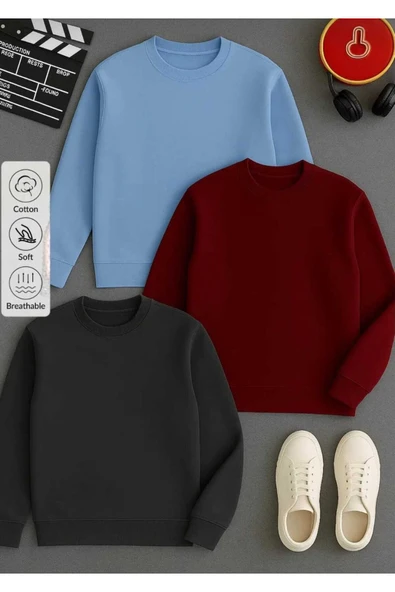 blackbonds 3lü kombin rekler baskısız basic bisiklet yaka sweatşhirt - Resim 9