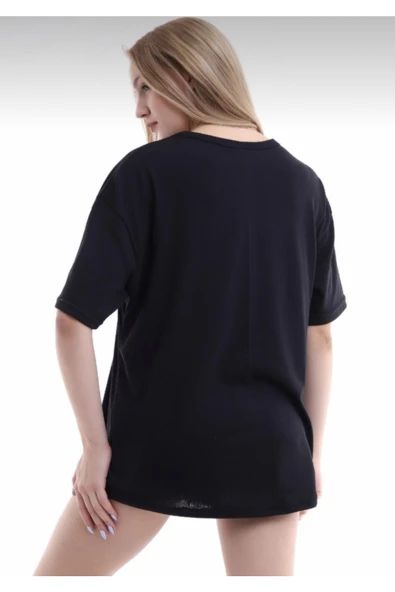 JAKARLI Unisex Pamuklu Siyah Bisiklet Yaka Oversize T-shirt - Resim 5