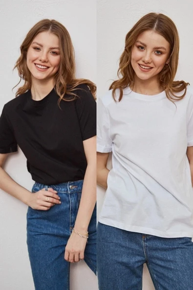 lona fashion Kadın Siyah Ve Beyaz 2'li Paket Bisiklet Yaka Pamuklu Oversize T-shirt Lkr10242 ürün görseli