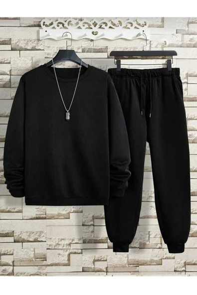 KOZİA OUTDOORS MALKOCBEY Basic Düz Eşofman Takımı Sweatshirt Jogger - Siyah Oversize Şardonlu Bisiklet Yaka ürün görseli