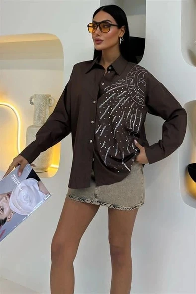 Ay Figürlü Taş İşlemeli Poplin Gömlek 3440 - Resim 5