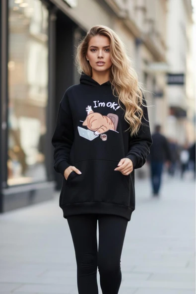 KOZİA OUTDOORS I'M OK ! baskılı oversize kadın bisiklet yaka sweatşhirt ürün görseli