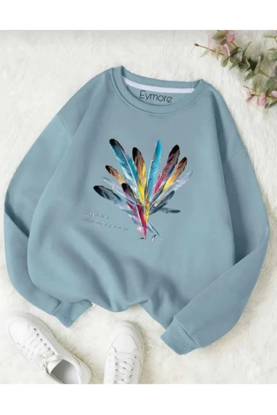 KOZİA OUTDOORS renkli tüy baskılı oversize unisex basic sweatşhirt ürün görseli