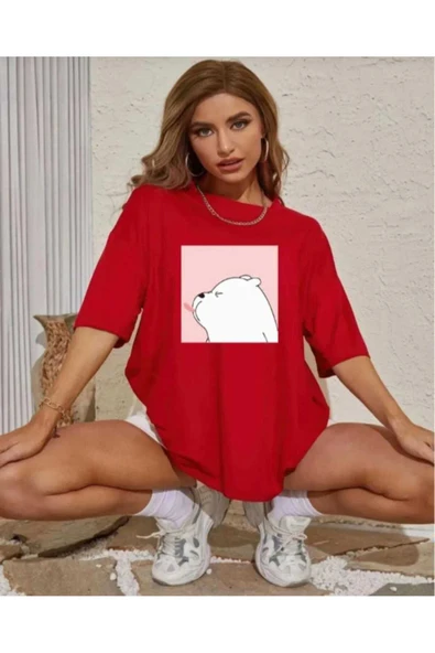 KOZİA OUTDOORS malkoçbey sevimli ayı baskılı oversize basic t-şhirt - Resim 2