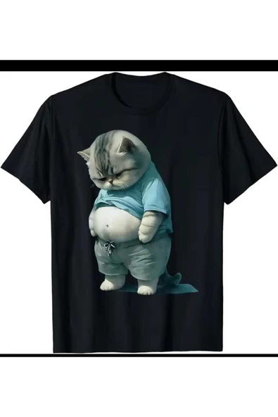 KOZİA OUTDOORS Şişman Kedi Baskılı Kadın Oversize Pamuklu Tişört - Resim 2