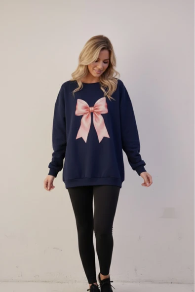 KOZİA OUTDOORS bisiklet yaka kadın fiyonk figürlü kadın oversize sweatshrt - Resim 12