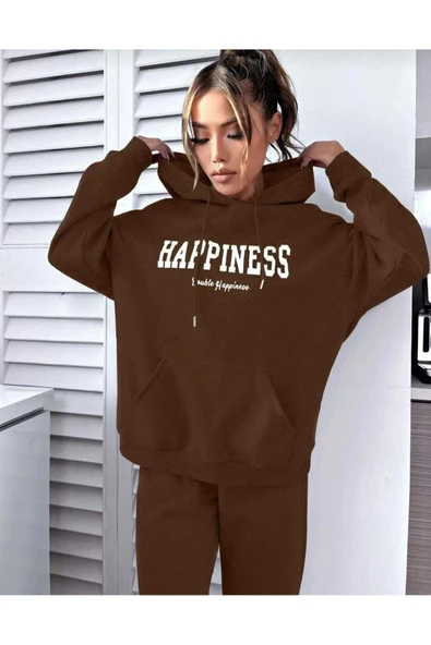 KOZİA OUTDOORS HAPPINES BASKILI KAPÜŞONLU OVERSİZE UNİSEX SWETŞHİRT ürün görseli