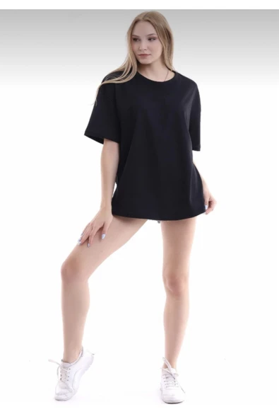 JAKARLI Unisex Pamuklu Siyah Bisiklet Yaka Oversize T-shirt - Resim 4