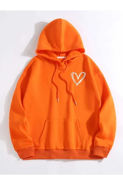 MANCY Unisex Turuncu Kalp Baskılı Kapüşonlu Sweatshirt ürün görseli