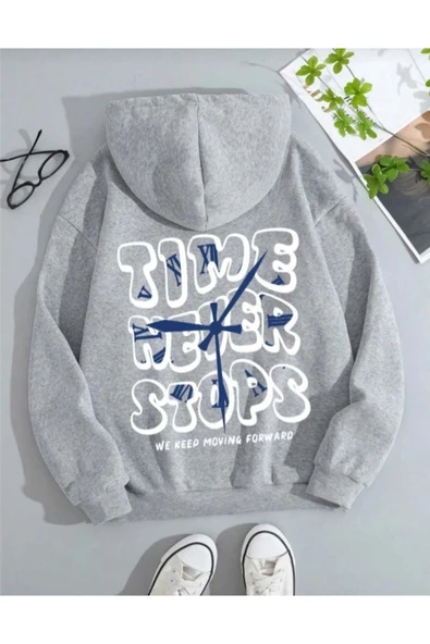 KOZİA OUTDOORS TIME BASKILI OVERSİZE UNİSEX KAPÜŞONLU SWETŞHİRT - Resim 2