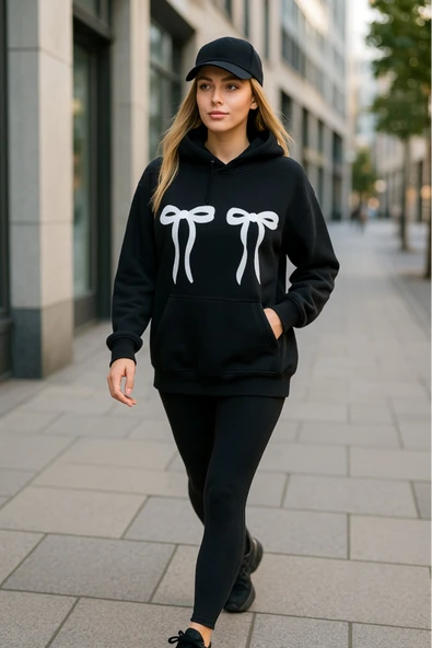 KOZİA OUTDOORS kurdela baskılı kadın kapuson basic swaetşhirt - Resim 11