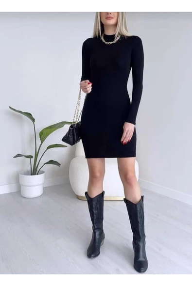 KOZİA OUTDOORS malkoçbey Kadın Siyah Renk Esnek Kaşkorse Kumaş Dik Yaka Uzun Kollu Ofis Elbisesi - Resim 2