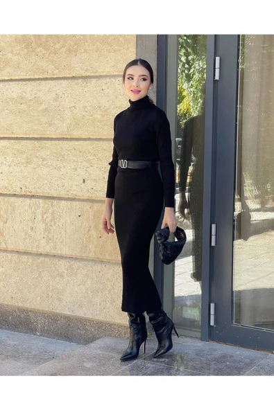 şems fashion Fitilli Kumaş Maxi Boy Balıkçı Yaka Kışlık Elbise - Resim 7