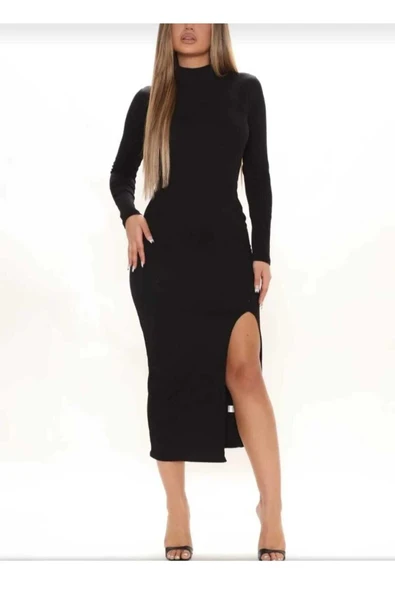 KOZİA OUTDOORS malkoçbey  Kadın Siyah Yırtmaçlı Dik Yaka Kaşkorse kalem elbise ürün görseli
