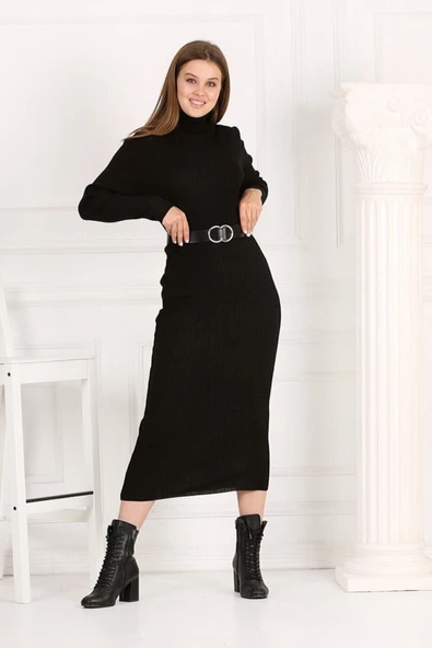 Miezza Kadın SİYAH Renk Yarım Balıkçı Yaka Kalem Model Elbise Tesettür Uygundur Boy 135cm Kemersiz - Resim 4