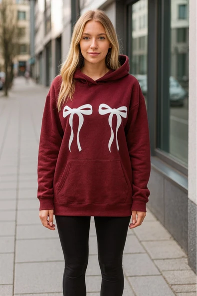 KOZİA OUTDOORS kurdela baskılı kadın kapuson basic swaetşhirt ürün görseli