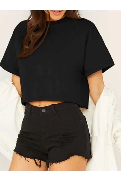 Seyyar Crop Bisiklet Yaka Örme T-shirt ürün görseli