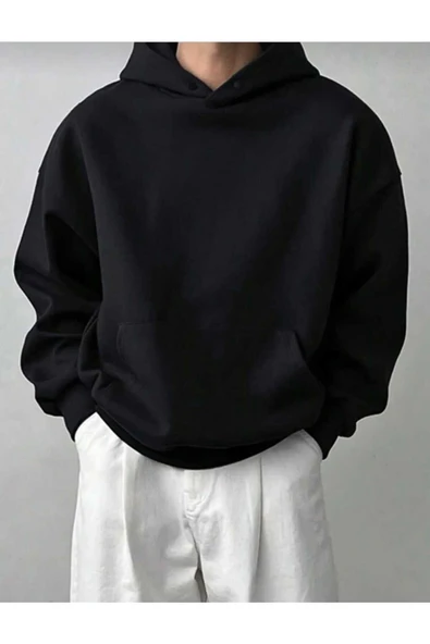 blackbonds Unisex Düz Siyah Kapüşonlu Sweatshirt - Resim 2