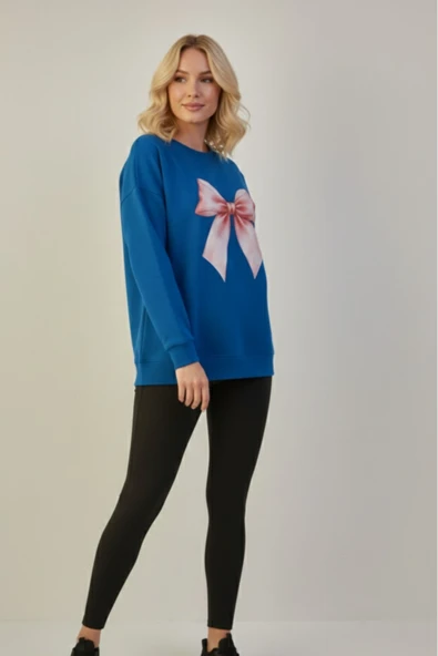 KOZİA OUTDOORS bisiklet yaka kadın fiyonk figürlü kadın oversize sweatshrt - Resim 11