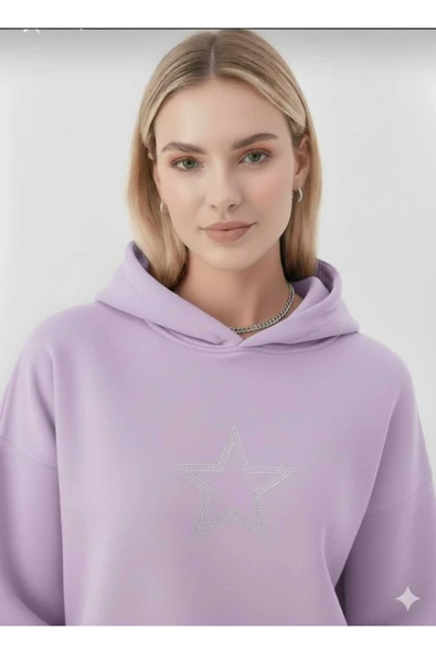 blackbonds 2 İplik Kalın Şardonlu Yıldız Taş Baskılı Oversize Hoodie - Resim 4