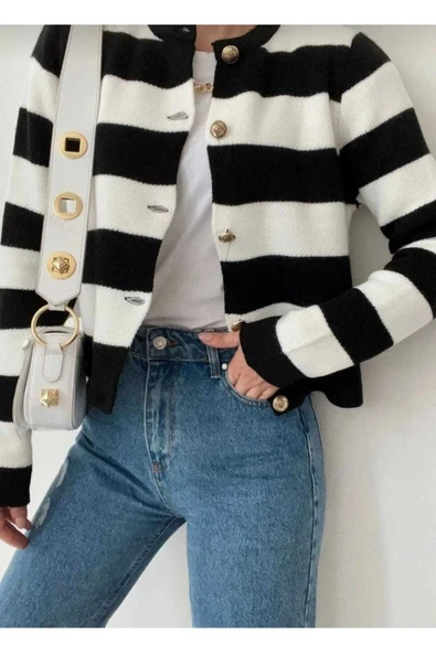 KOZİA OUTDOORS malkoçbey Siyah triko Şeritli crop  Hırka - Resim 2