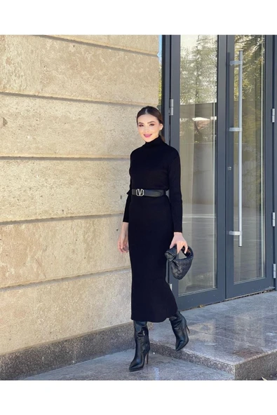 şems fashion Fitilli Kumaş Maxi Boy Balıkçı Yaka Kışlık Elbise - Resim 5