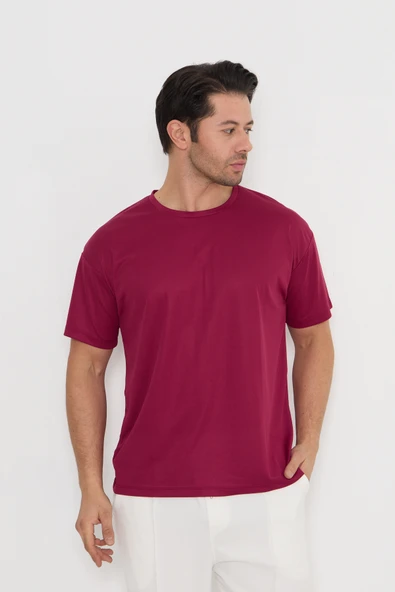 Moda Işık Spor T-shirt Erkek Bordo Renk Baskılı Yuvarlak Yaka - Resim 6