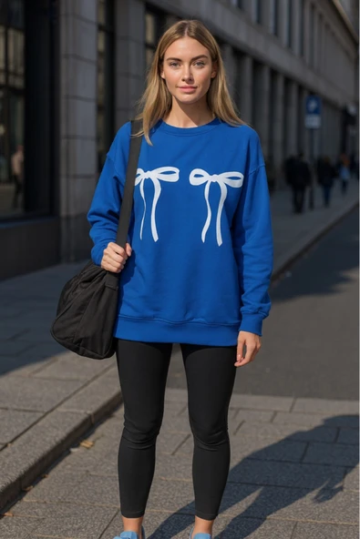 KOZİA OUTDOORS kurdela baskılı kadın bisiklet yaka basic swaetşhirt - Resim 7