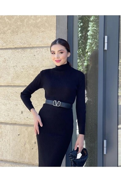 şems fashion Fitilli Kumaş Maxi Boy Balıkçı Yaka Kışlık Elbise - Resim 4