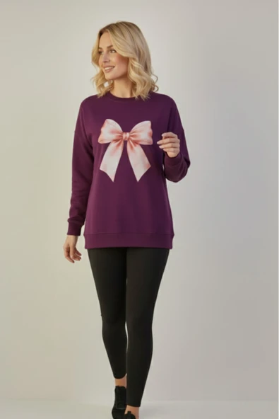 KOZİA OUTDOORS bisiklet yaka kadın fiyonk figürlü kadın oversize sweatshrt - Resim 5