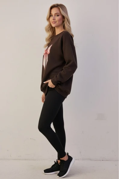 KOZİA OUTDOORS bisiklet yaka kadın fiyonk figürlü kadın oversize sweatshrt - Resim 6