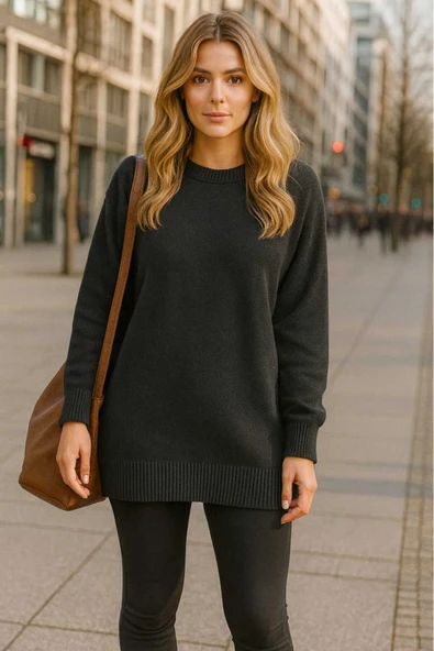 KOZİA OUTDOORS Kadın Kışlık Triko Kazak Siyah Gri Kalın Çizgili Crop - Resim 3