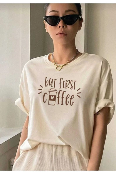 KOZİA OUTDOORS but first coffee baskılı overize basic o yaka t-şhirt - Resim 5