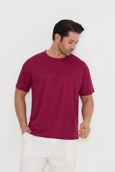 Moda Işık Spor T-shirt Erkek Bordo Renk Baskılı Yuvarlak Yaka - Resim 3