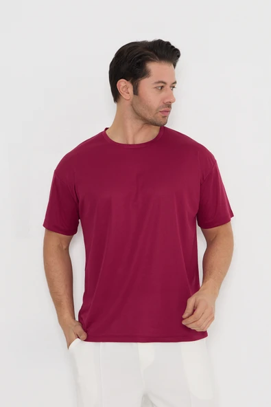 Moda Işık Spor T-shirt Erkek Bordo Renk Baskılı Yuvarlak Yaka ürün görseli
