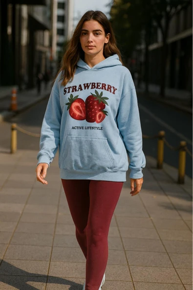 KOZİA OUTDOORS strawberry kapüşonlu baskılı oversize kadın sweaşhirt - Resim 2