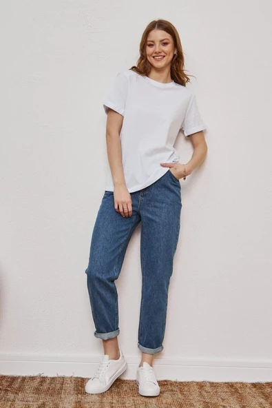 lona fashion Kadın Siyah Ve Beyaz 2'li Paket Bisiklet Yaka Pamuklu Oversize T-shirt Lkr10242 - Resim 6