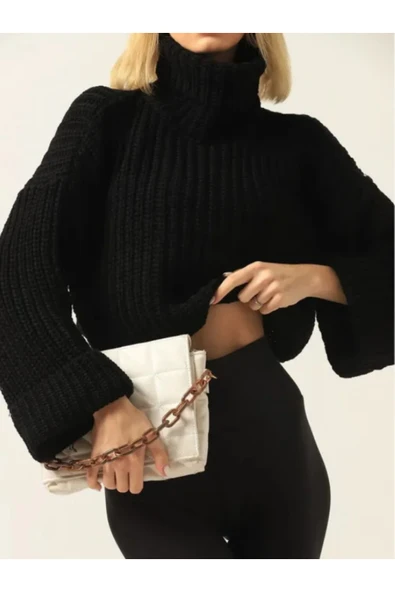 MaLkoç Bey Kadın Balıkçı Yaka Crop Parmak Detaylı Triko - Resim 3