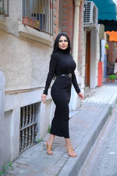 LİLA İSTANBUL Kadın Yarım Balıkçı Yaka Kalem Model Kaşkorse Kumaş Elbise Tesettür Uygundur Boy 135cm Kemersiz - Resim 3