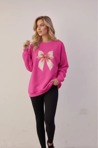 KOZİA OUTDOORS bisiklet yaka kadın fiyonk figürlü kadın oversize sweatshrt - Resim 3