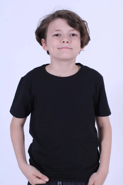 PANİO KİDS Düz Bisiklet Yaka %100 Pamuk Düz Unisex Çocuk Siyah T-shirt//bir Beden Büyük Alınız// - Resim 2
