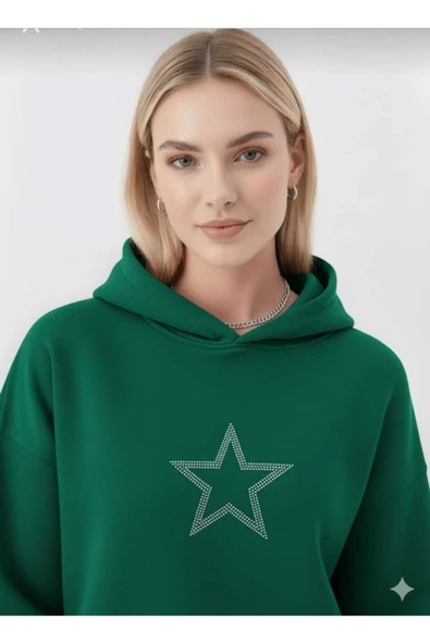 blackbonds 2 İplik Kalın Şardonlu Yıldız Taş Baskılı Oversize Hoodie - Resim 10