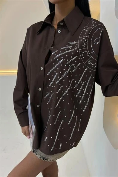 Ay Figürlü Taş İşlemeli Poplin Gömlek 3440 - Resim 6